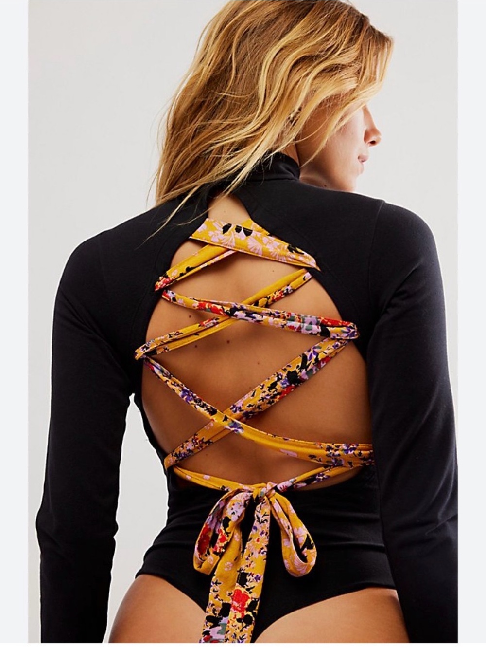 Free People Black Long-Sleeve Bodysuit with Mustard Floral Lace-Up Back
